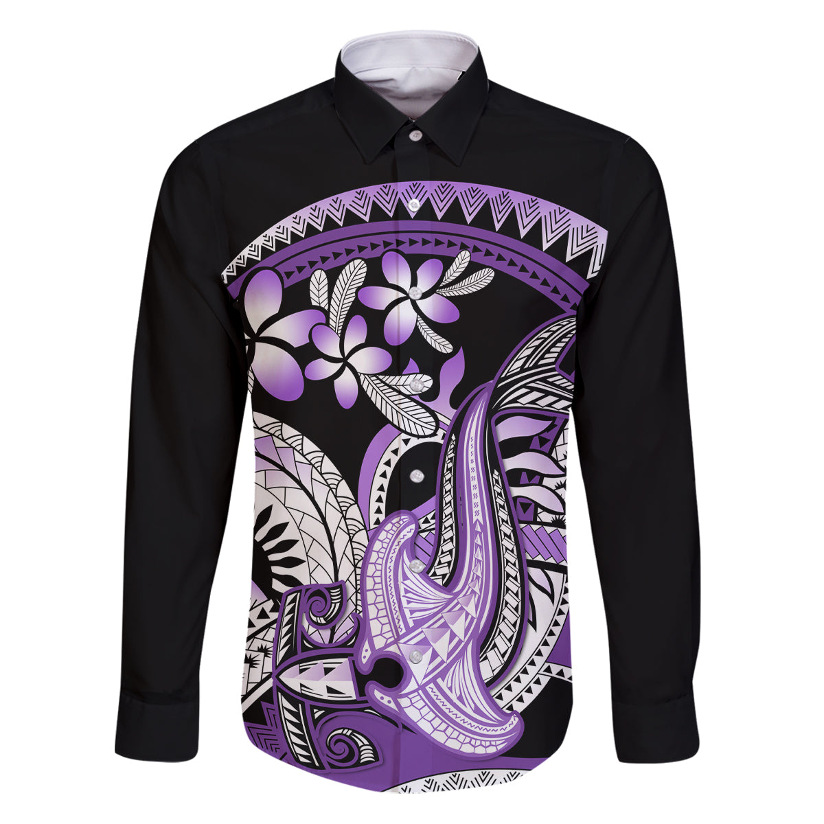 Purple Polynesian Family Matching Puletasi and Hawaiian Shirt Hammerhead Shark Tattoo Royal Plumeria Gradient Vibes LT14 Dad's Shirt - Long Sleeve Purple - Polynesian Pride