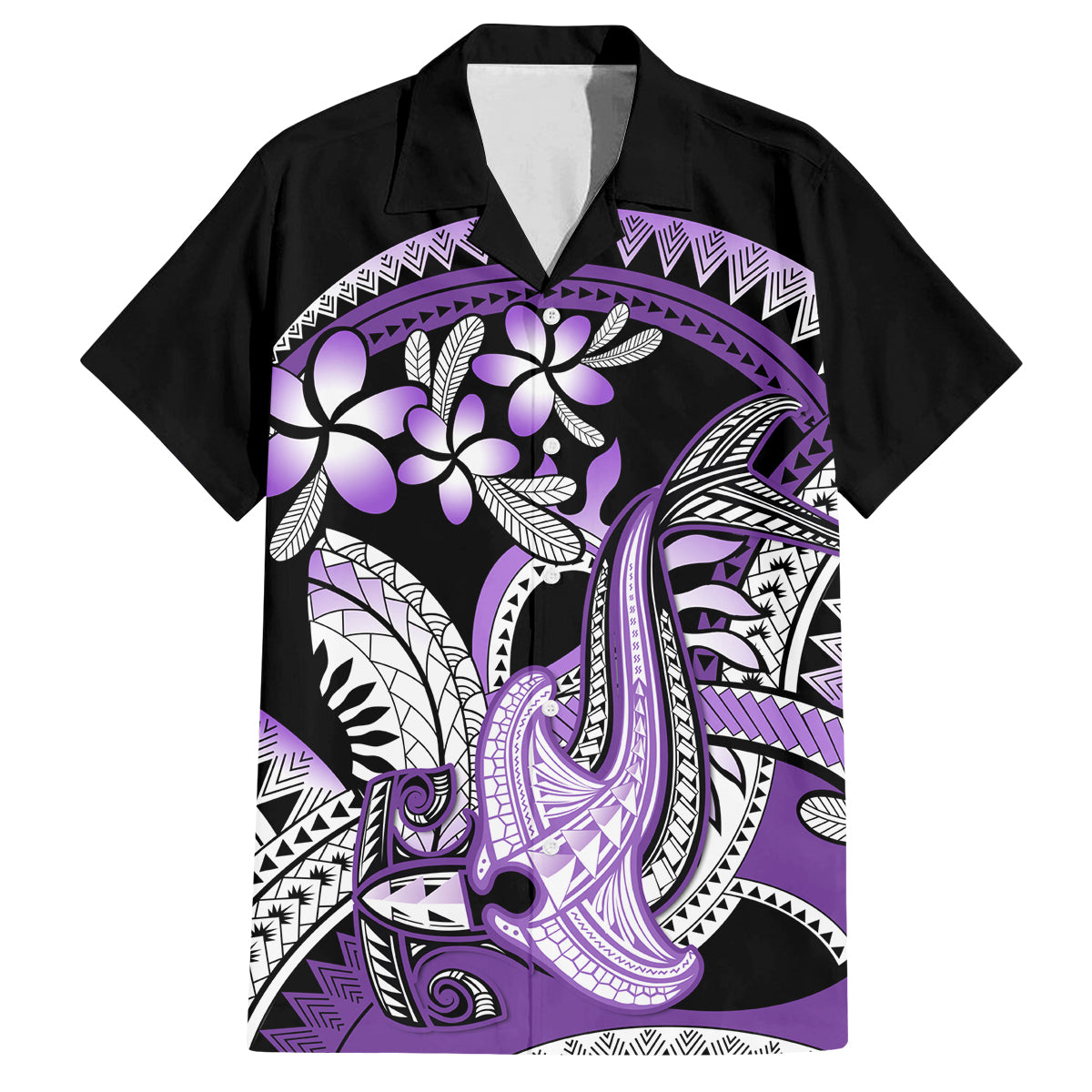 Purple Polynesian Family Matching Summer Maxi Dress and Hawaiian Shirt Hammerhead Shark Tattoo Royal Plumeria Gradient Vibes LT14 Dad's Shirt - Short Sleeve Purple - Polynesian Pride