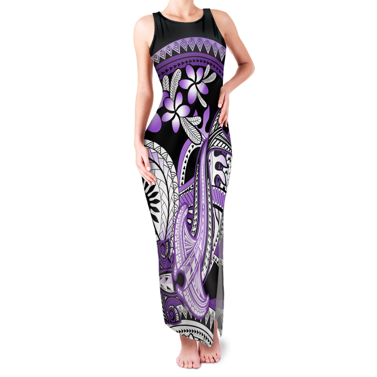 Purple Polynesian Family Matching Tank Maxi Dress and Hawaiian Shirt Hammerhead Shark Tattoo Royal Plumeria Gradient Vibes LT14 Mom's Dress Purple - Polynesian Pride