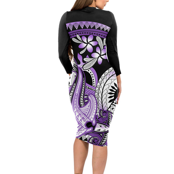 Hawaii Maui Long Sleeve Bodycon Dress Polynesian Fish Hook Hibiscus Purple Version LT05