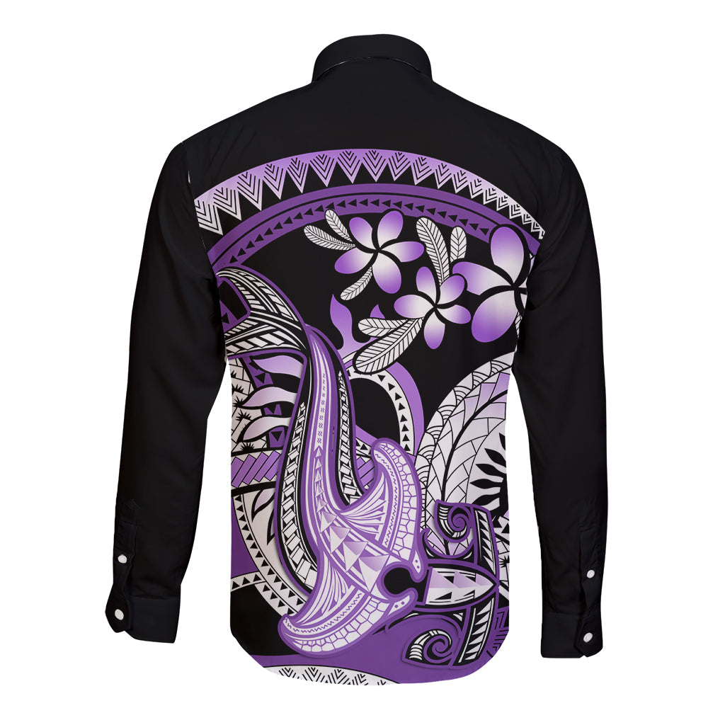 Purple Polynesian Long Sleeve Button Shirt Hammerhead Shark Tattoo Royal Plumeria Gradient Vibes LT14 - Polynesian Pride