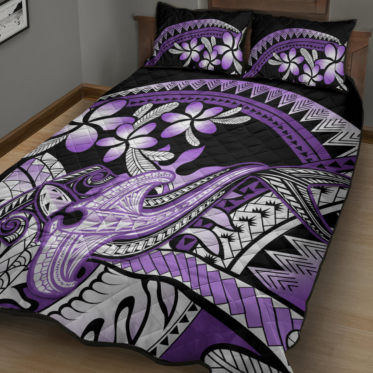 Purple Polynesian Quilt Bed Set Hammerhead Shark Tattoo Royal Plumeria Gradient Vibes LT14 - Polynesian Pride