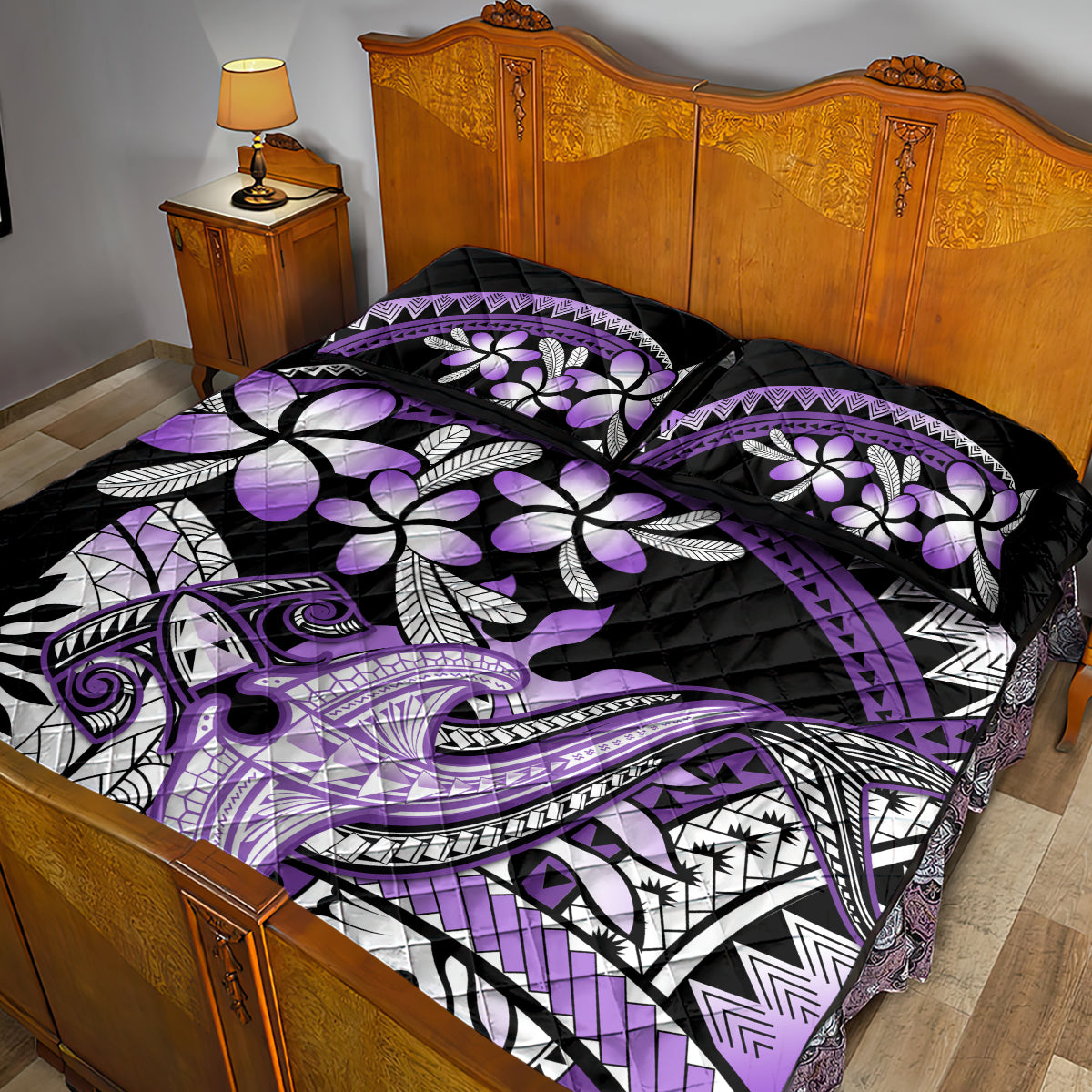 Purple Polynesian Quilt Bed Set Hammerhead Shark Tattoo Royal Plumeria Gradient Vibes LT14 - Polynesian Pride