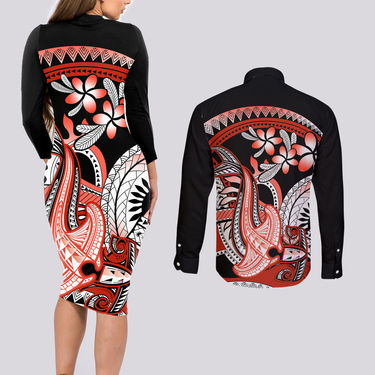 Red Polynesian Couples Matching Long Sleeve Bodycon Dress and Long Sleeve Button Shirt Hammerhead Shark Tattoo Royal Plumeria Gradient Vibes LT14 - Polynesian Pride