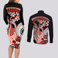 Red Polynesian Couples Matching Long Sleeve Bodycon Dress and Long Sleeve Button Shirt Hammerhead Shark Tattoo Royal Plumeria Gradient Vibes LT14 - Polynesian Pride