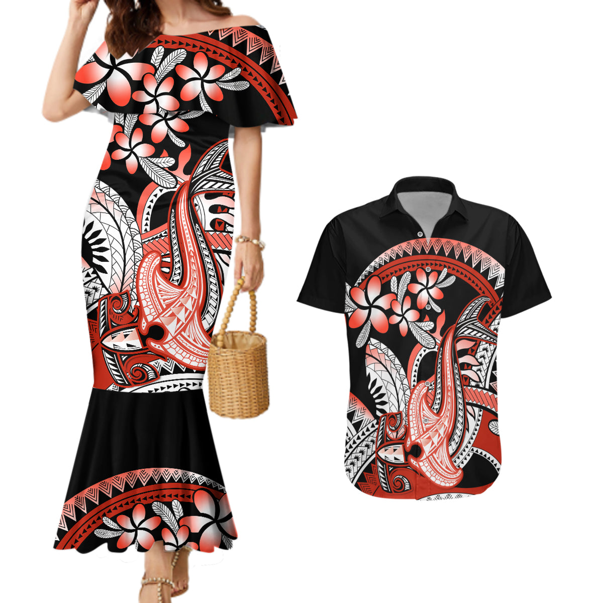 Red Polynesian Couples Matching Mermaid Dress and Hawaiian Shirt Hammerhead Shark Tattoo Royal Plumeria Gradient Vibes LT14 Red - Polynesian Pride
