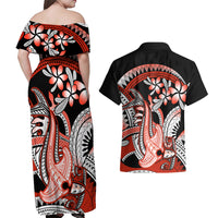 Red Polynesian Couples Matching Off Shoulder Maxi Dress and Hawaiian Shirt Hammerhead Shark Tattoo Royal Plumeria Gradient Vibes LT14 - Polynesian Pride
