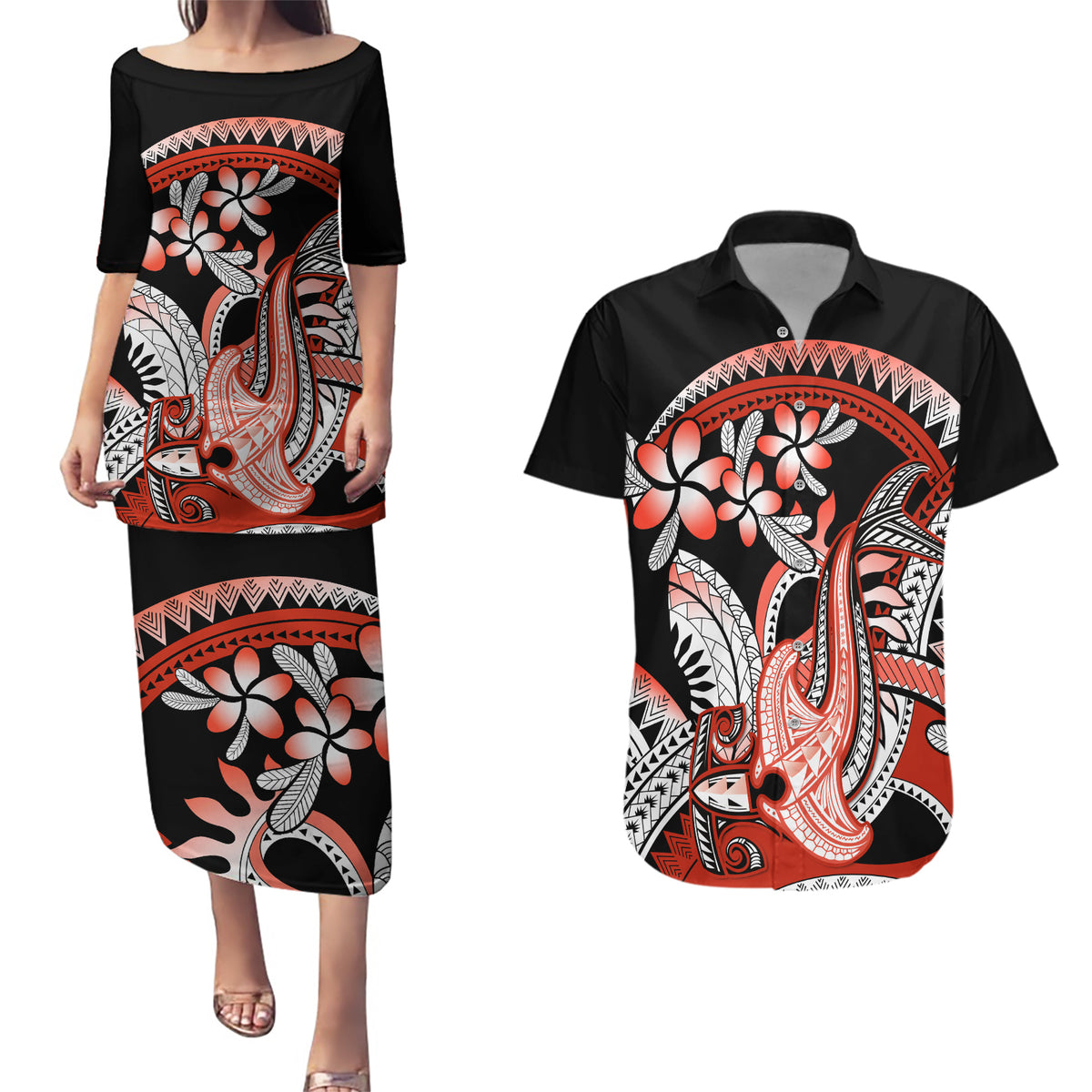 Red Polynesian Couples Matching Puletasi and Hawaiian Shirt Hammerhead Shark Tattoo Royal Plumeria Gradient Vibes LT14 Red - Polynesian Pride