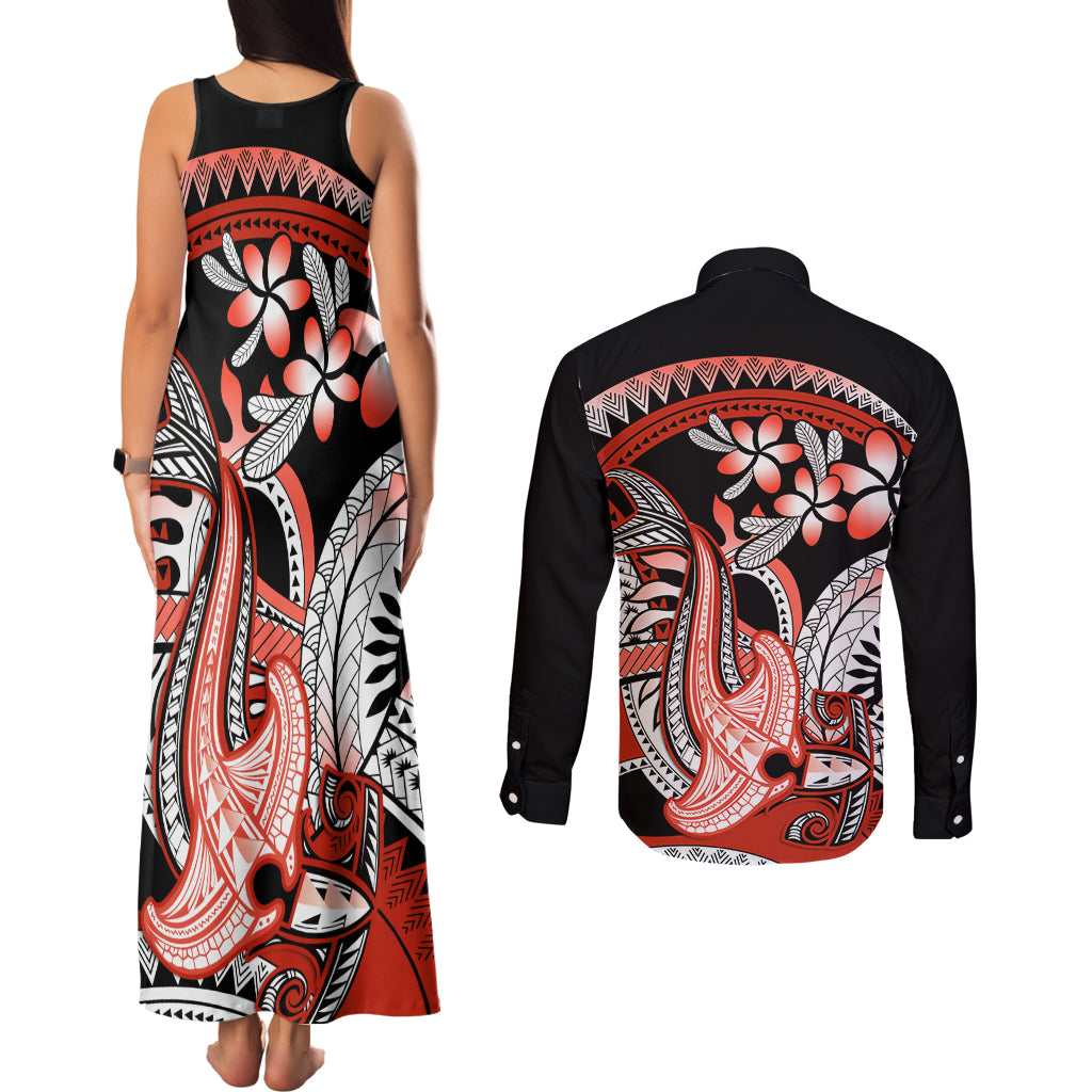 Red Polynesian Couples Matching Tank Maxi Dress and Long Sleeve Button Shirt Hammerhead Shark Tattoo Royal Plumeria Gradient Vibes LT14 - Polynesian Pride