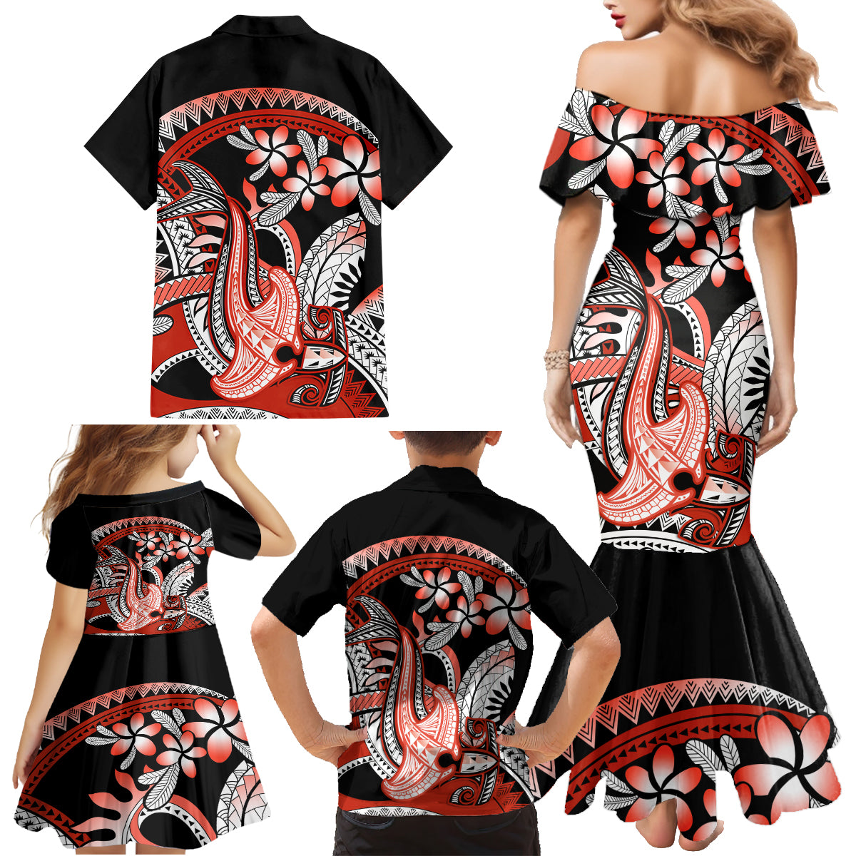 Red Polynesian Family Matching Mermaid Dress and Hawaiian Shirt Hammerhead Shark Tattoo Royal Plumeria Gradient Vibes LT14 - Polynesian Pride
