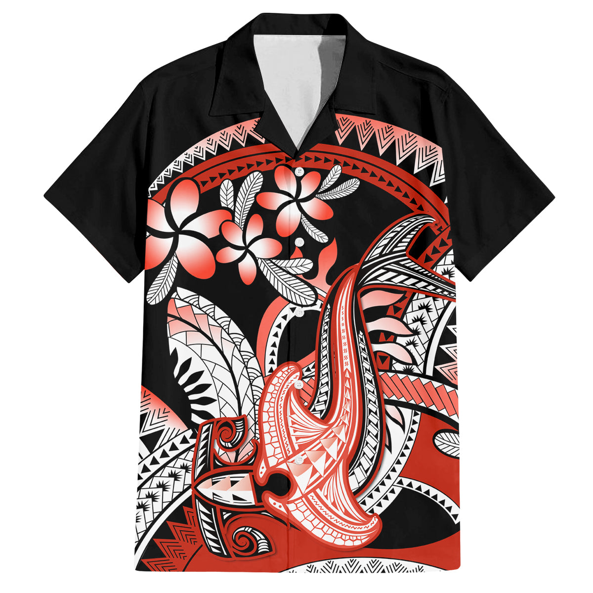 Red Polynesian Family Matching Tank Maxi Dress and Hawaiian Shirt Hammerhead Shark Tattoo Royal Plumeria Gradient Vibes LT14 Dad's Shirt - Short Sleeve Red - Polynesian Pride