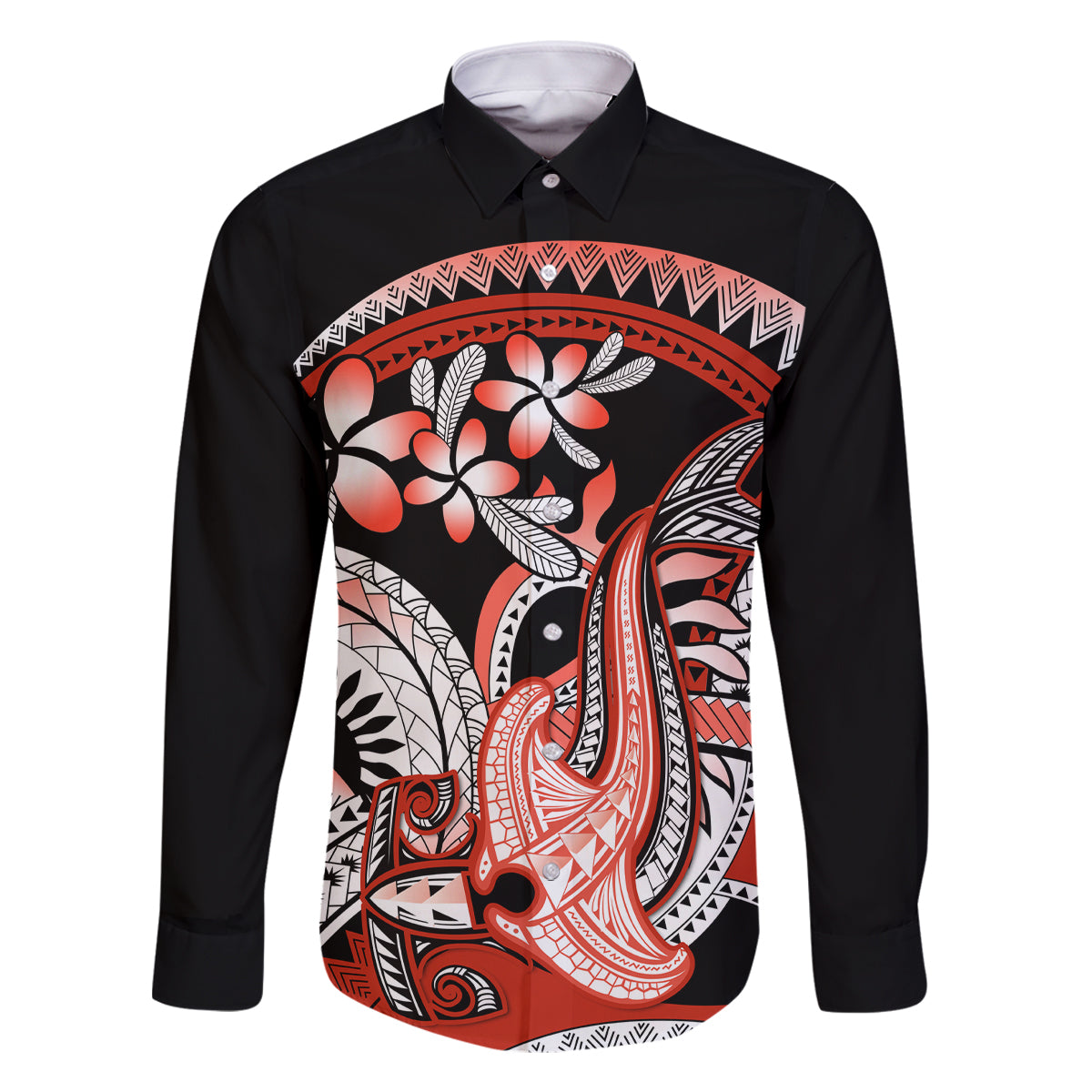 Red Polynesian Family Matching Tank Maxi Dress and Hawaiian Shirt Hammerhead Shark Tattoo Royal Plumeria Gradient Vibes LT14 Dad's Shirt - Long Sleeve Red - Polynesian Pride
