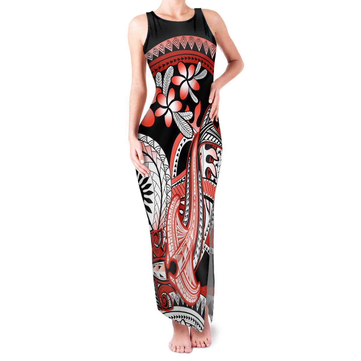 Red Polynesian Family Matching Tank Maxi Dress and Hawaiian Shirt Hammerhead Shark Tattoo Royal Plumeria Gradient Vibes LT14 Mom's Dress Red - Polynesian Pride