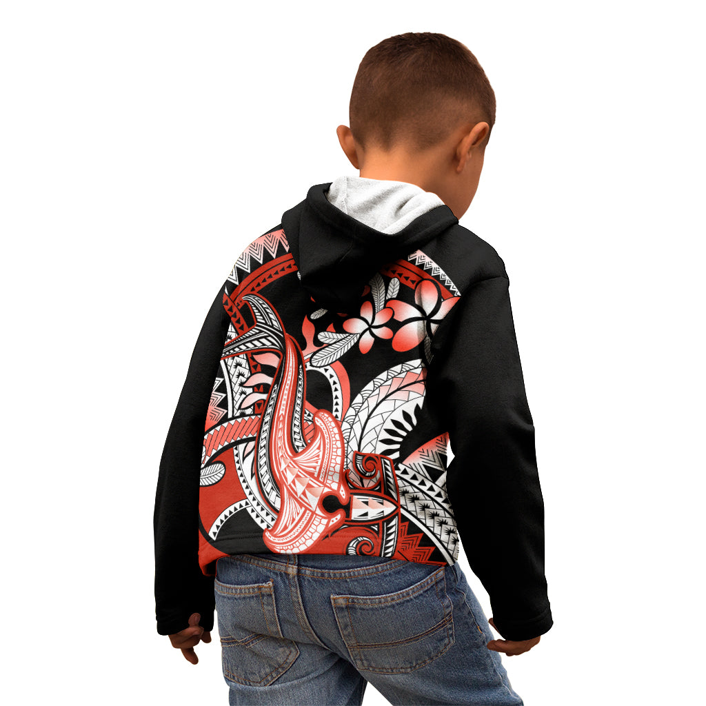 Red Polynesian Kid Hoodie Hammerhead Shark Tattoo Royal Plumeria Gradient Vibes LT14 - Polynesian Pride