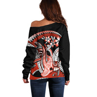 Red Polynesian Off Shoulder Sweater Hammerhead Shark Tattoo Royal Plumeria Gradient Vibes LT14 - Polynesian Pride