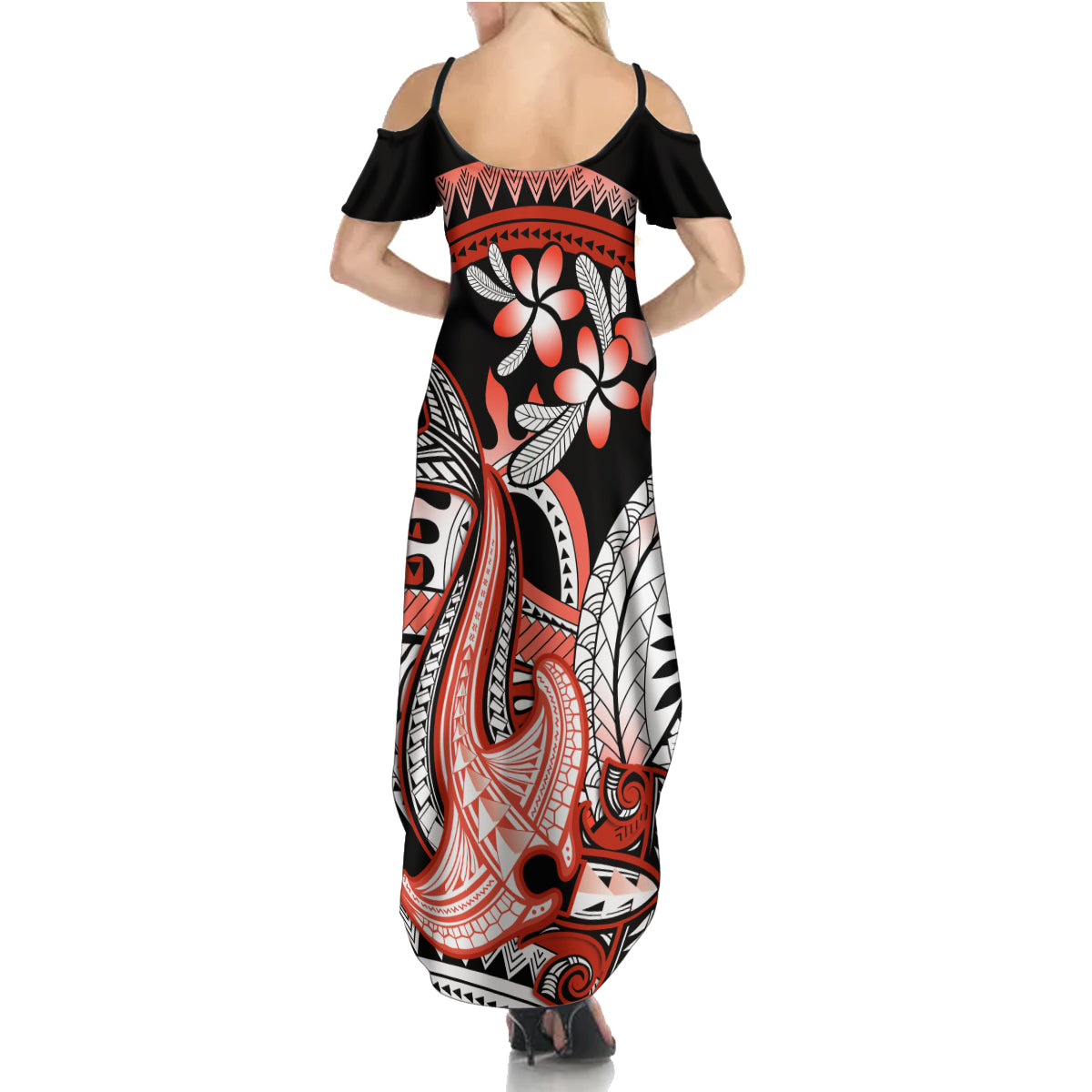 Red Polynesian Summer Maxi Dress Hammerhead Shark Tattoo Royal Plumeria Gradient Vibes LT14 - Polynesian Pride