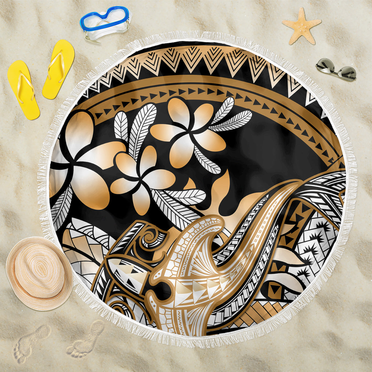 Gold Polynesian Hammerhead Shark Tattoo Beach Blanket Royal Plumeria Gradient Vibes LT14 One Size 150cm Gold - Polynesian Pride