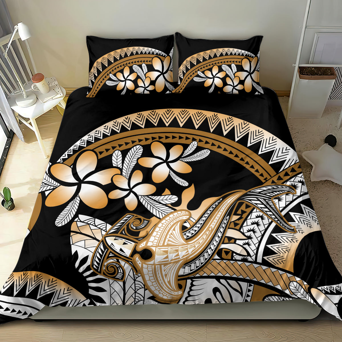 Gold Polynesian Hammerhead Shark Tattoo Bedding Set Royal Plumeria Gradient Vibes LT14 - Polynesian Pride