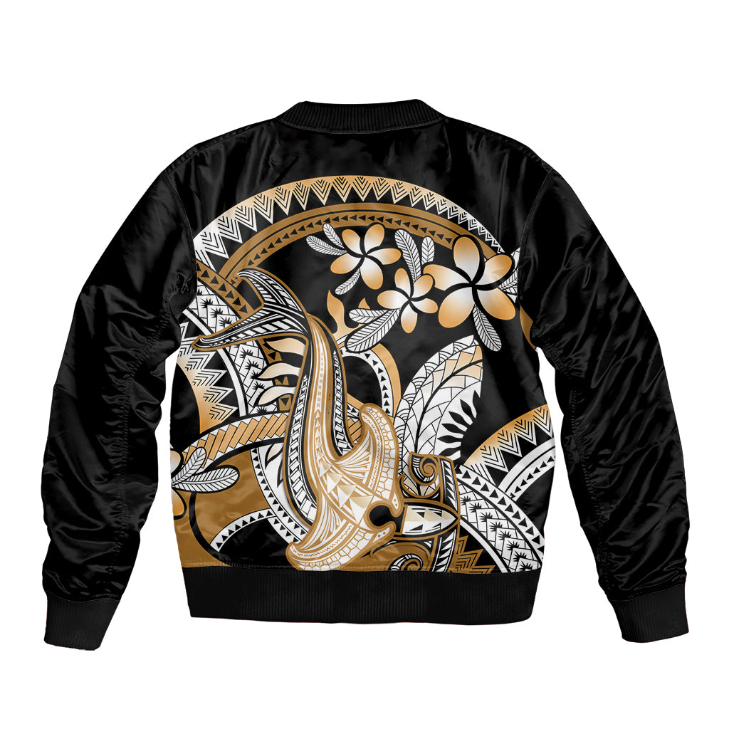 Gold Polynesian Hammerhead Shark Tattoo Bomber Jacket Royal Plumeria Gradient Vibes LT14 - Polynesian Pride