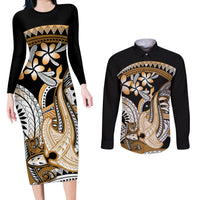 Gold Polynesian Hammerhead Shark Tattoo Couples Matching Long Sleeve Bodycon Dress and Long Sleeve Button Shirt Royal Plumeria Gradient Vibes LT14 Gold - Polynesian Pride