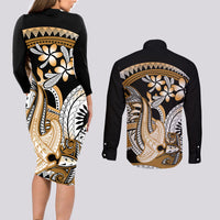Gold Polynesian Hammerhead Shark Tattoo Couples Matching Long Sleeve Bodycon Dress and Long Sleeve Button Shirt Royal Plumeria Gradient Vibes LT14 - Polynesian Pride