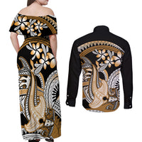 Gold Polynesian Hammerhead Shark Tattoo Couples Matching Off Shoulder Maxi Dress and Long Sleeve Button Shirt Royal Plumeria Gradient Vibes LT14 - Polynesian Pride