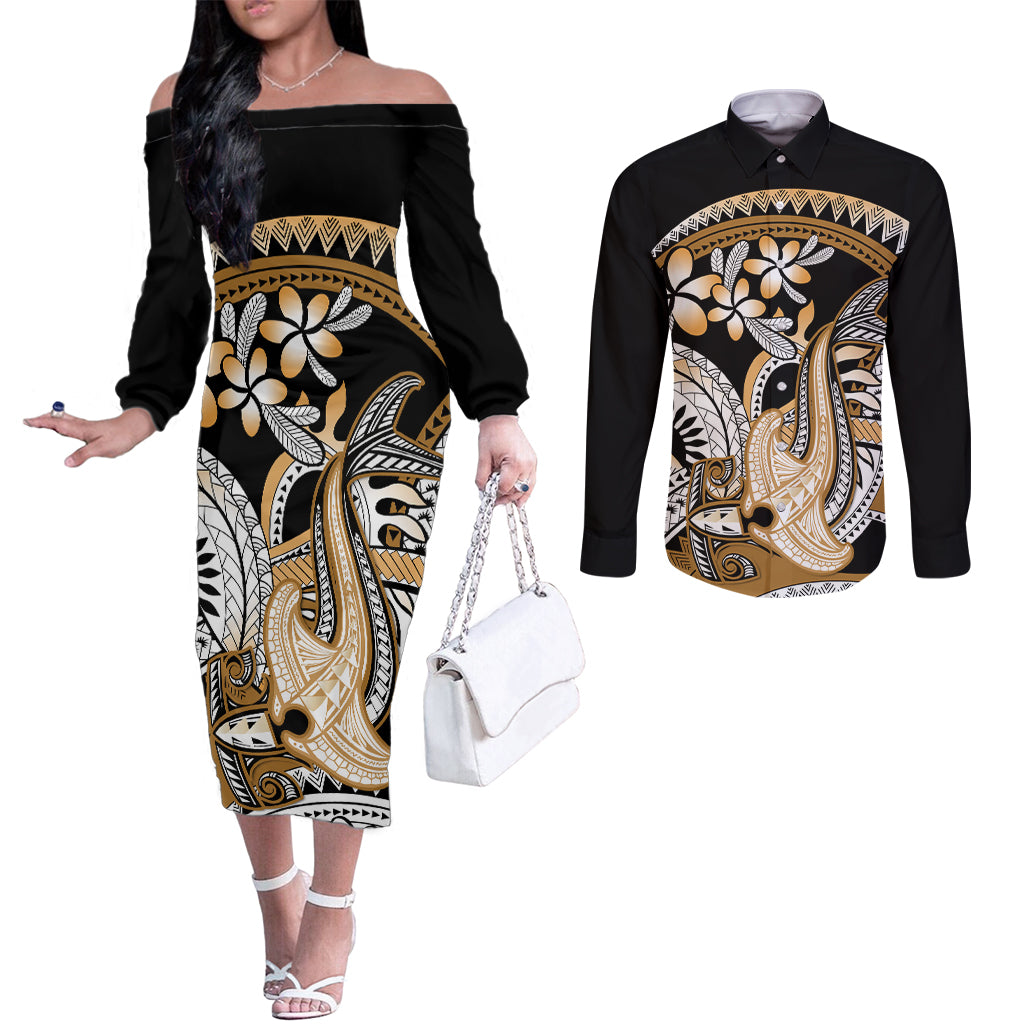 Gold Polynesian Hammerhead Shark Tattoo Couples Matching Off The Shoulder Long Sleeve Dress and Long Sleeve Button Shirt Royal Plumeria Gradient Vibes LT14 Gold - Polynesian Pride