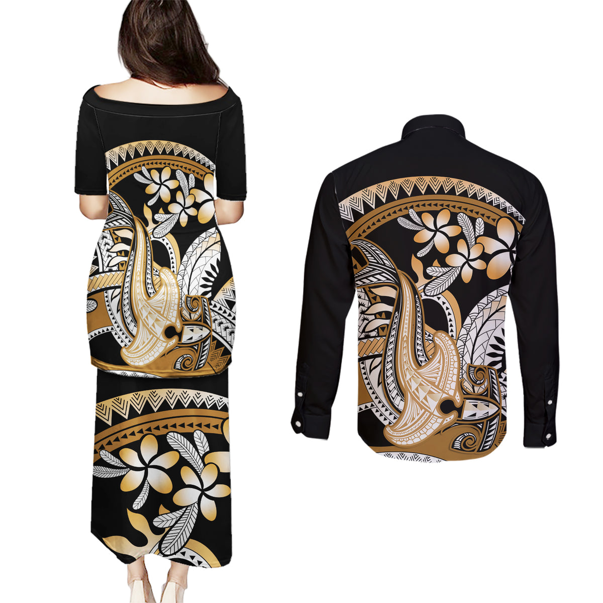 Gold Polynesian Hammerhead Shark Tattoo Couples Matching Puletasi and Long Sleeve Button Shirt Royal Plumeria Gradient Vibes LT14 - Polynesian Pride