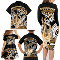 Gold Polynesian Hammerhead Shark Tattoo Family Matching Long Sleeve Bodycon Dress and Hawaiian Shirt Royal Plumeria Gradient Vibes LT14 - Polynesian Pride