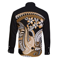 Gold Polynesian Hammerhead Shark Tattoo Family Matching Long Sleeve Bodycon Dress and Hawaiian Shirt Royal Plumeria Gradient Vibes LT14 - Polynesian Pride