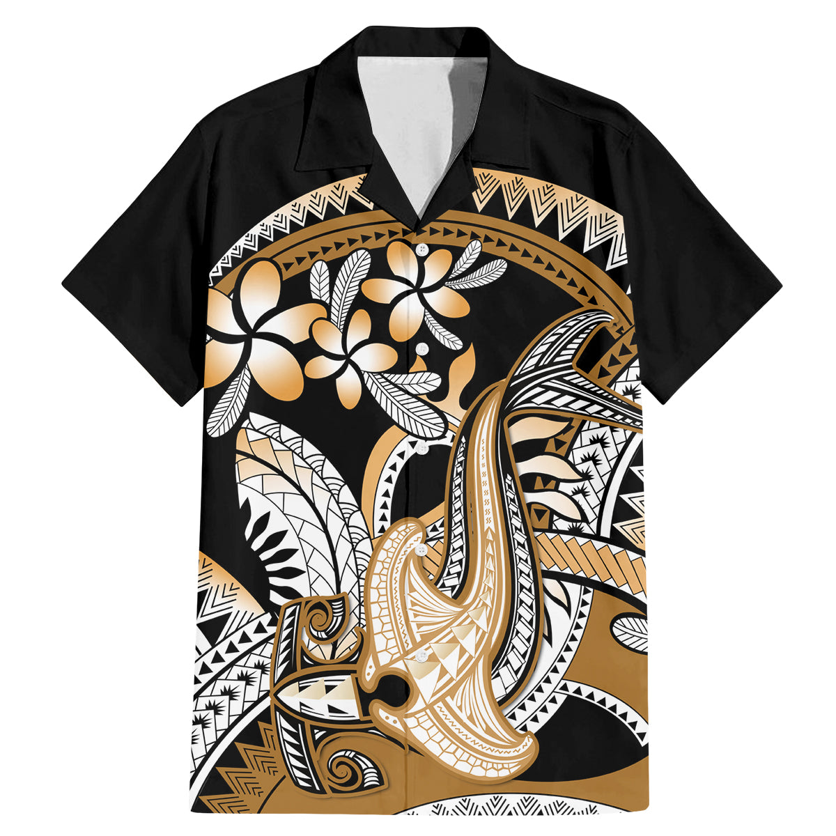Gold Polynesian Hammerhead Shark Tattoo Family Matching Mermaid Dress and Hawaiian Shirt Royal Plumeria Gradient Vibes LT14 Dad's Shirt - Short Sleeve Gold - Polynesian Pride