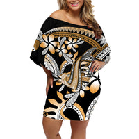 Gold Polynesian Hammerhead Shark Tattoo Family Matching Off Shoulder Short Dress and Hawaiian Shirt Royal Plumeria Gradient Vibes LT14 Mom's Dress Gold - Polynesian Pride
