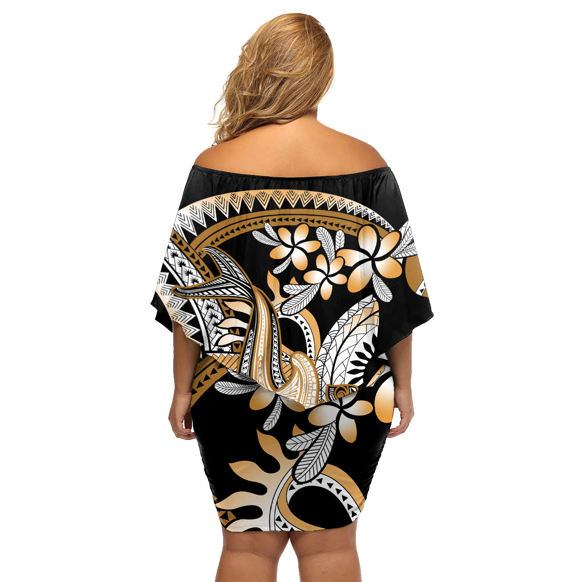 Gold Polynesian Hammerhead Shark Tattoo Family Matching Off Shoulder Short Dress and Hawaiian Shirt Royal Plumeria Gradient Vibes LT14 - Polynesian Pride