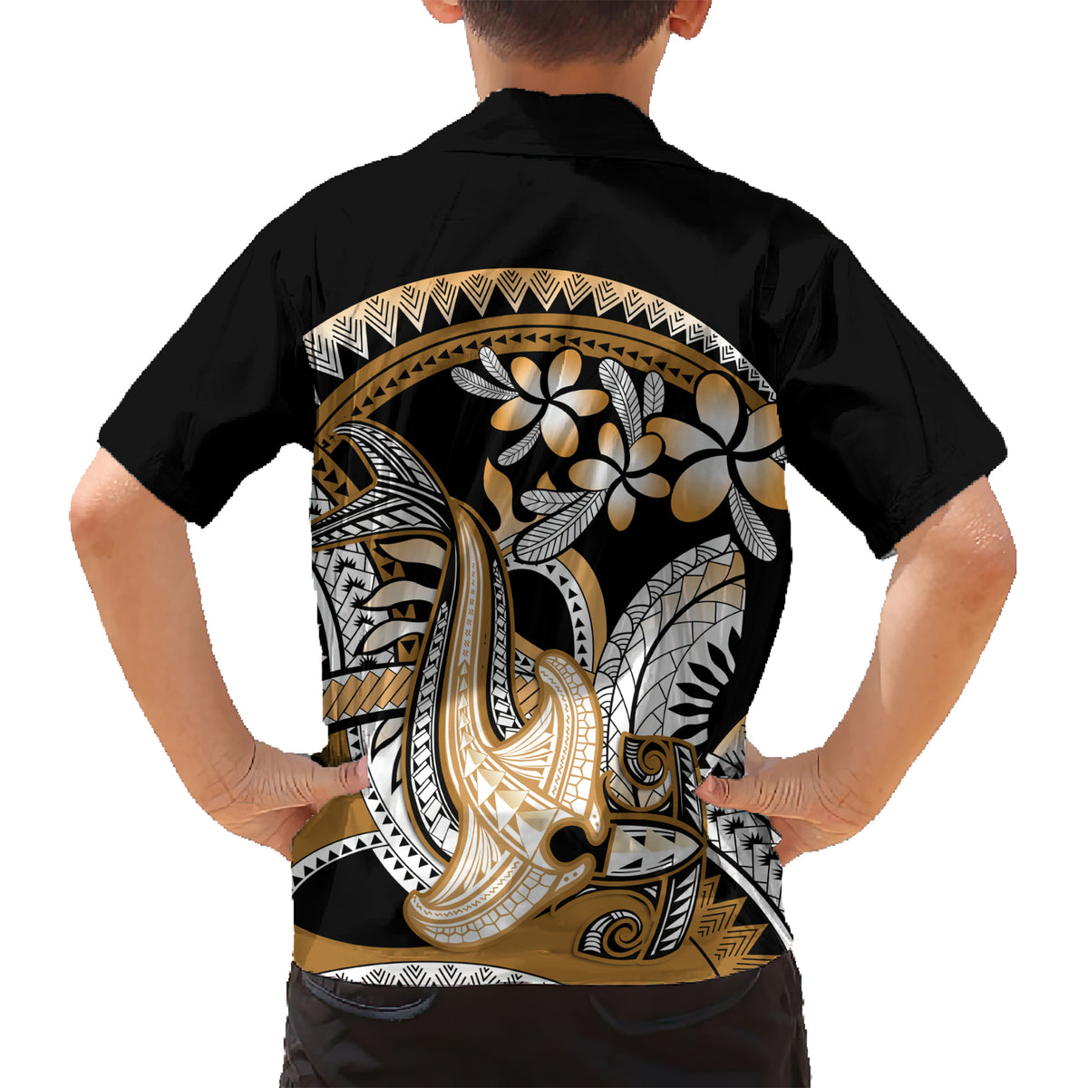 Gold Polynesian Hammerhead Shark Tattoo Family Matching Short Sleeve Bodycon Dress and Hawaiian Shirt Royal Plumeria Gradient Vibes LT14 - Polynesian Pride
