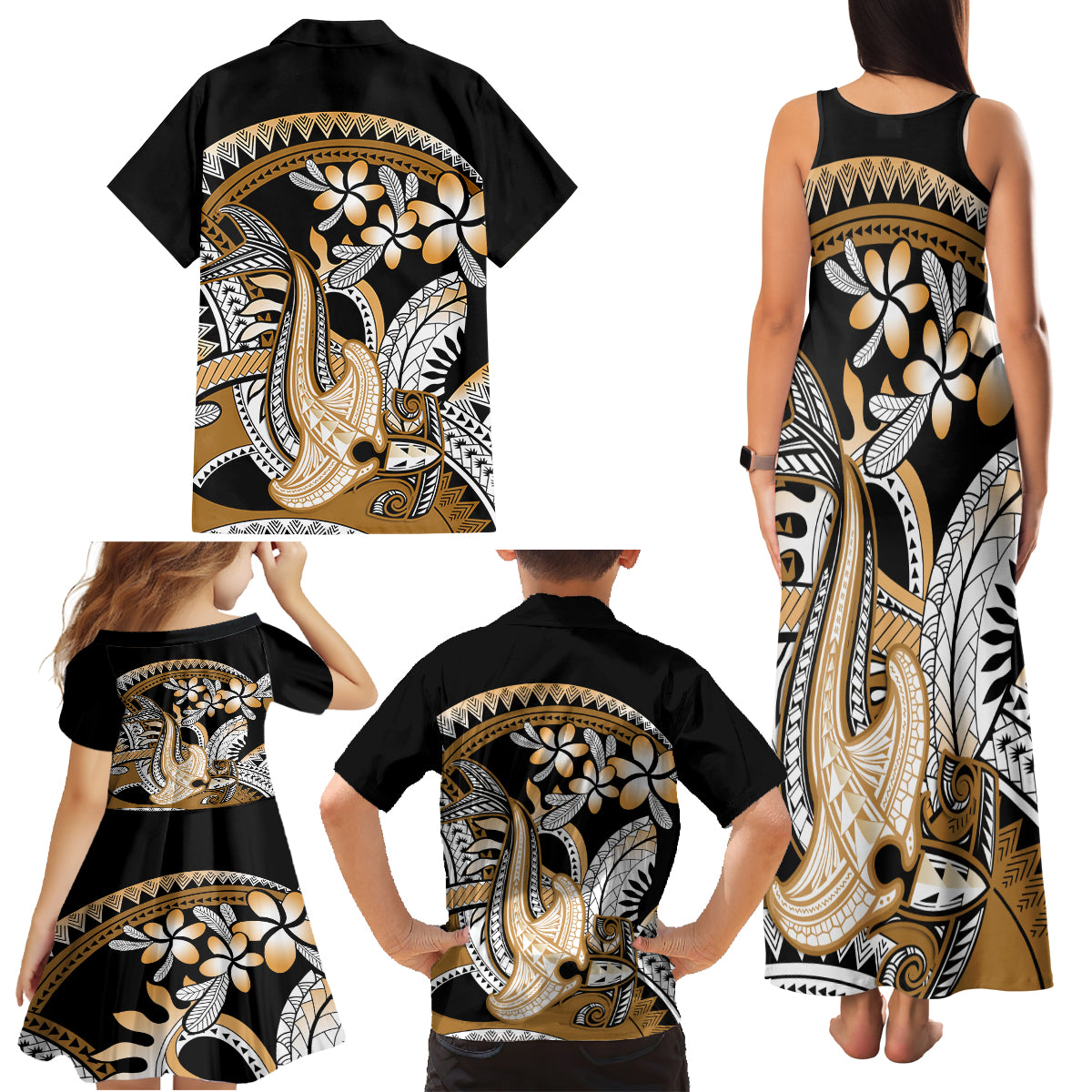 Gold Polynesian Hammerhead Shark Tattoo Family Matching Tank Maxi Dress and Hawaiian Shirt Royal Plumeria Gradient Vibes LT14 - Polynesian Pride