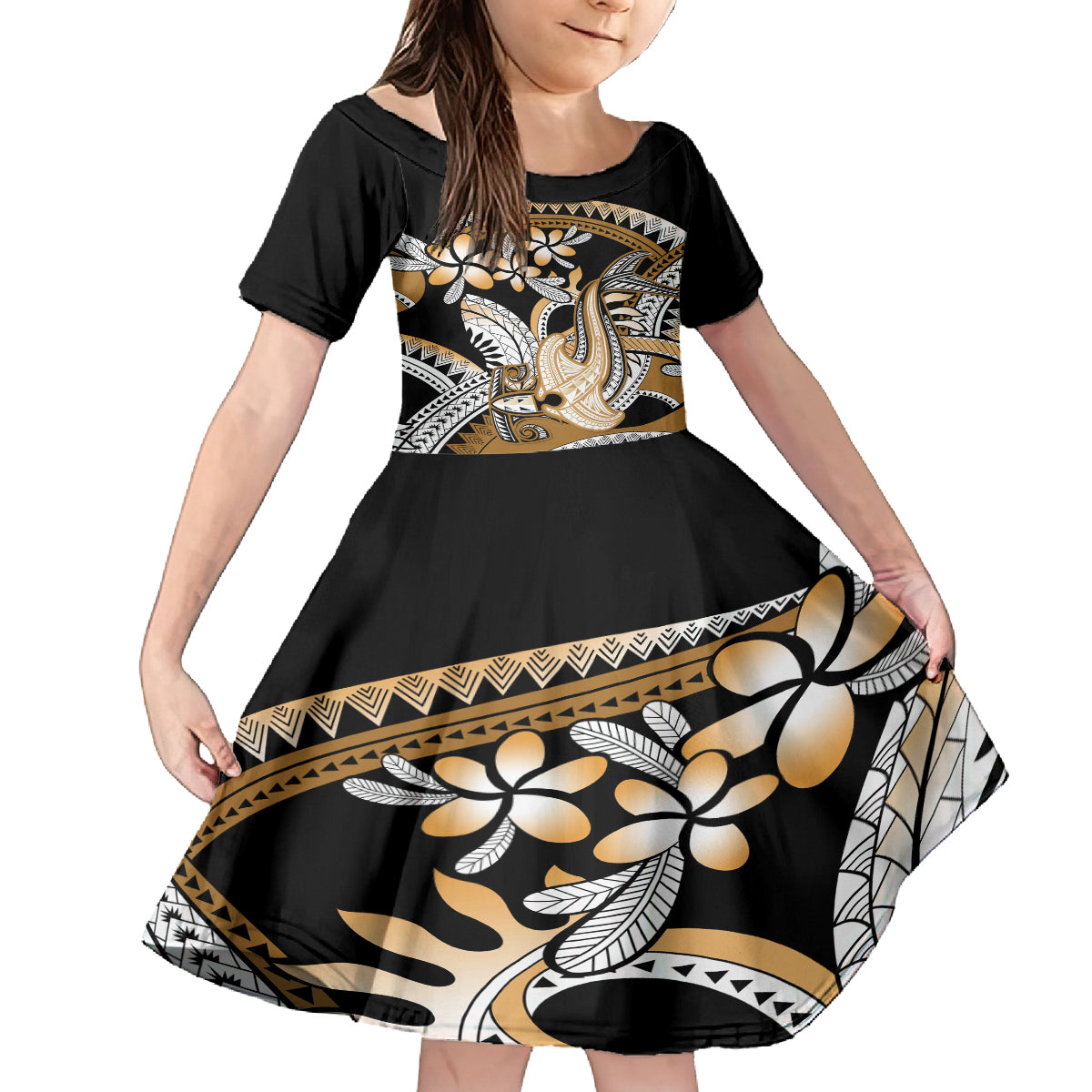 Gold Polynesian Hammerhead Shark Tattoo Kid Short Sleeve Dress Royal Plumeria Gradient Vibes LT14 KID Gold - Polynesian Pride