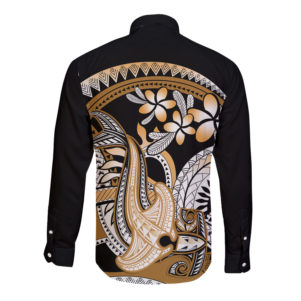 Gold Polynesian Hammerhead Shark Tattoo Long Sleeve Button Shirt Royal Plumeria Gradient Vibes LT14 - Polynesian Pride