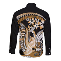 Gold Polynesian Hammerhead Shark Tattoo Long Sleeve Button Shirt Royal Plumeria Gradient Vibes LT14 - Polynesian Pride