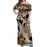 Gold Polynesian Hammerhead Shark Tattoo Off Shoulder Maxi Dress Royal Plumeria Gradient Vibes LT14 Women Gold - Polynesian Pride