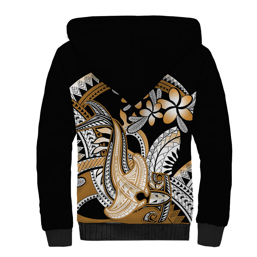 Gold Polynesian Hammerhead Shark Tattoo Sherpa Hoodie Royal Plumeria Gradient Vibes LT14 - Polynesian Pride