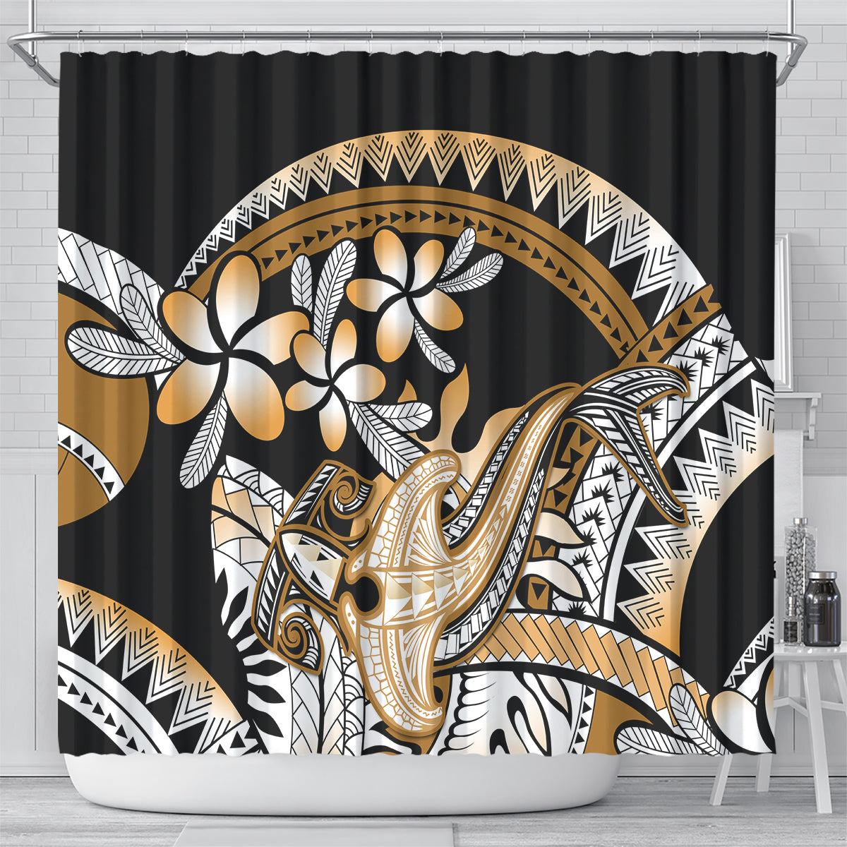 Gold Polynesian Hammerhead Shark Tattoo Shower Curtain Royal Plumeria Gradient Vibes LT14 - Polynesian Pride