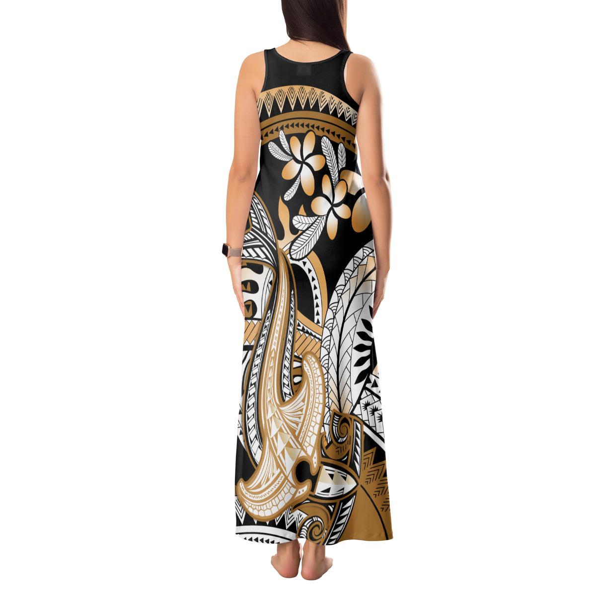 Gold Polynesian Hammerhead Shark Tattoo Tank Maxi Dress Royal Plumeria Gradient Vibes LT14 - Polynesian Pride