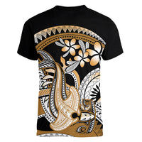 Gold Polynesian Hammerhead Shark Tattoo Women V Neck T Shirt Royal Plumeria Gradient Vibes LT14 - Polynesian Pride