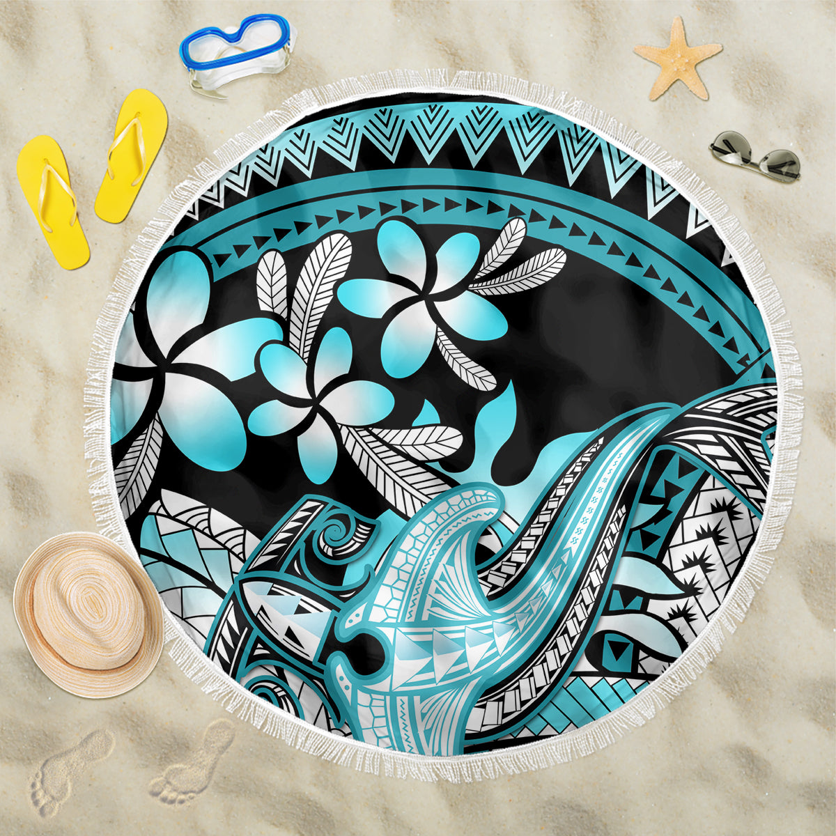Turquoise Polynesian Hammerhead Shark Tattoo Beach Blanket Royal Plumeria Gradient Vibes LT14 One Size 150cm Turquoise - Polynesian Pride