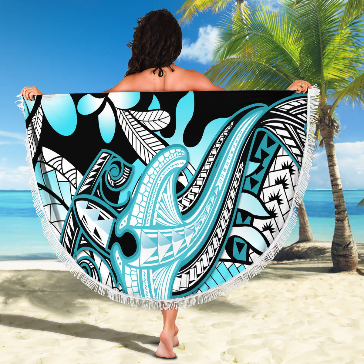 Turquoise Polynesian Hammerhead Shark Tattoo Beach Blanket Royal Plumeria Gradient Vibes LT14 - Polynesian Pride