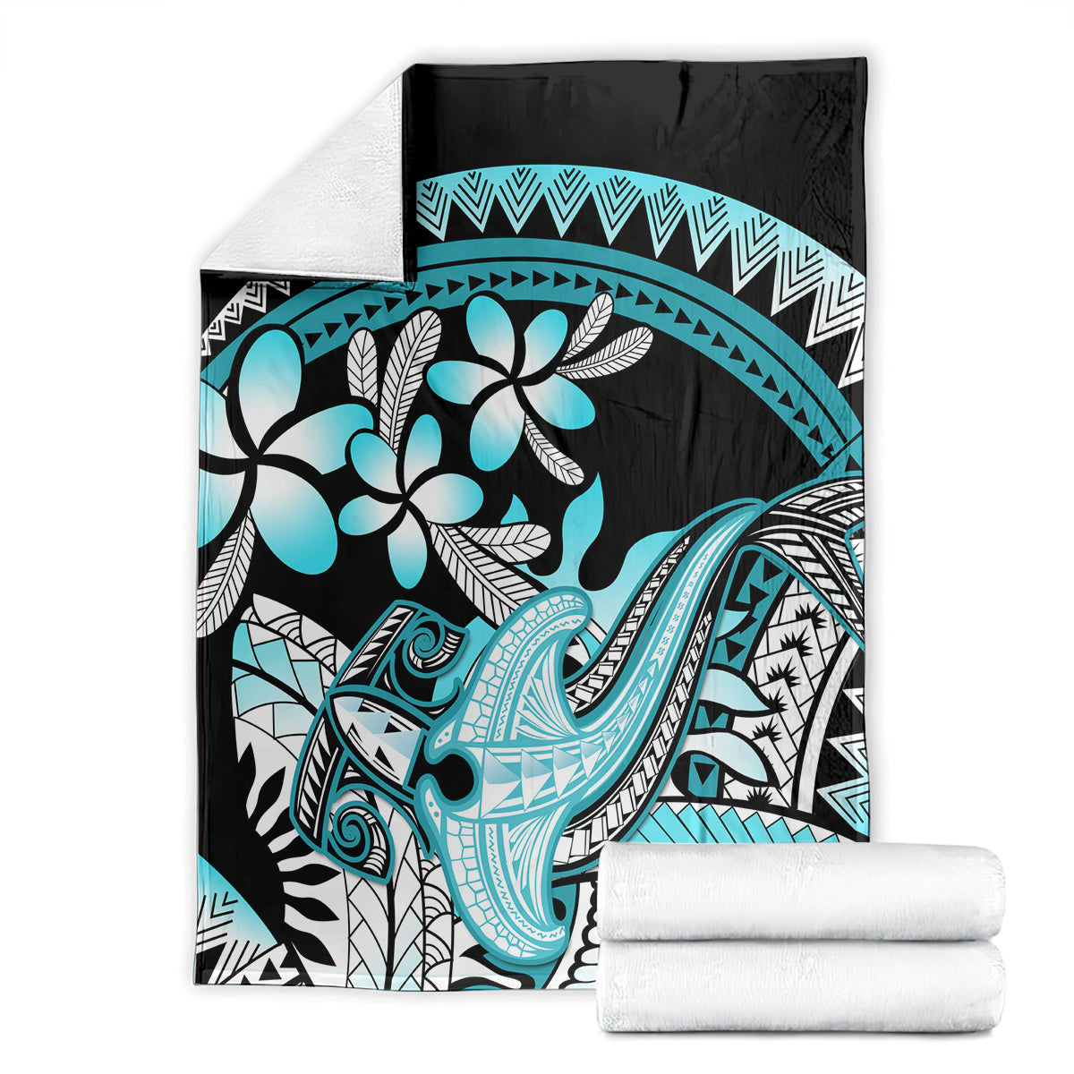 Turquoise Polynesian Hammerhead Shark Tattoo Blanket Royal Plumeria Gradient Vibes LT14 - Polynesian Pride