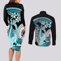 Turquoise Polynesian Hammerhead Shark Tattoo Couples Matching Long Sleeve Bodycon Dress and Long Sleeve Button Shirt Royal Plumeria Gradient Vibes LT14 - Polynesian Pride