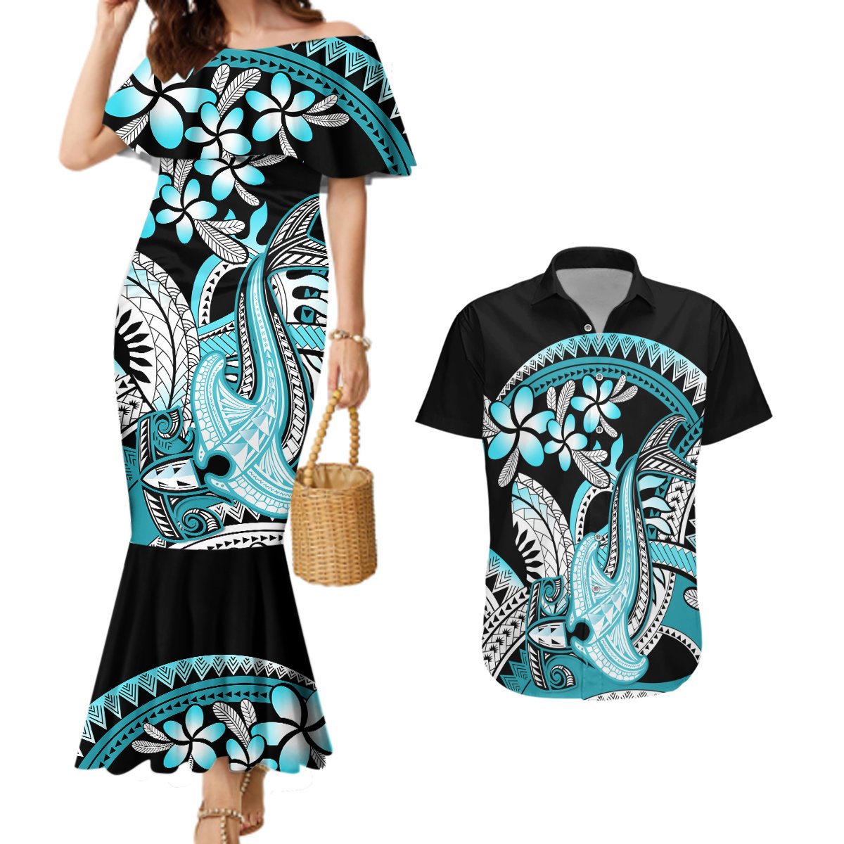 Turquoise Polynesian Hammerhead Shark Tattoo Couples Matching Mermaid Dress and Hawaiian Shirt Royal Plumeria Gradient Vibes LT14 Turquoise - Polynesian Pride