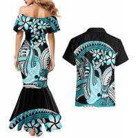 Turquoise Polynesian Hammerhead Shark Tattoo Couples Matching Mermaid Dress and Hawaiian Shirt Royal Plumeria Gradient Vibes LT14 - Polynesian Pride