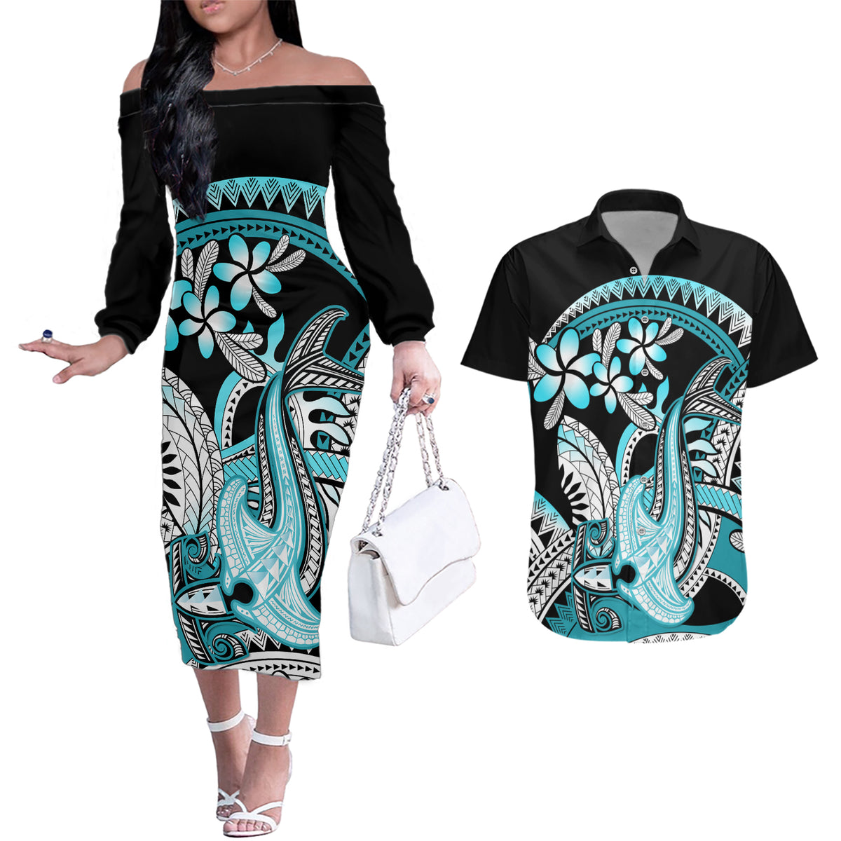Turquoise Polynesian Hammerhead Shark Tattoo Couples Matching Off The Shoulder Long Sleeve Dress and Hawaiian Shirt Royal Plumeria Gradient Vibes LT14 Turquoise - Polynesian Pride